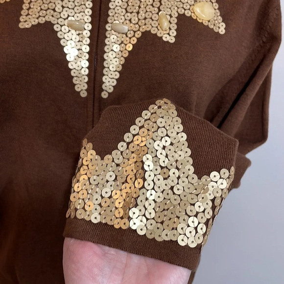 NWT Tasha Polizzi Brown Zip Front Cardigan Gold Sequin Stone Bead Detail… - Picture 9 of 16